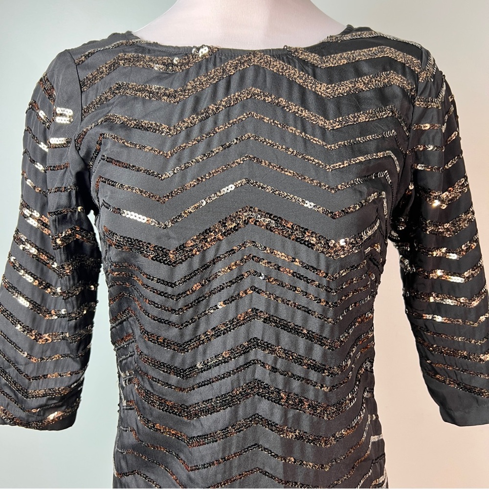 Mustard Seed Sequin Sheath Mini Dress Black and Gold - Women’s Size Medium - Picture 3 of 17